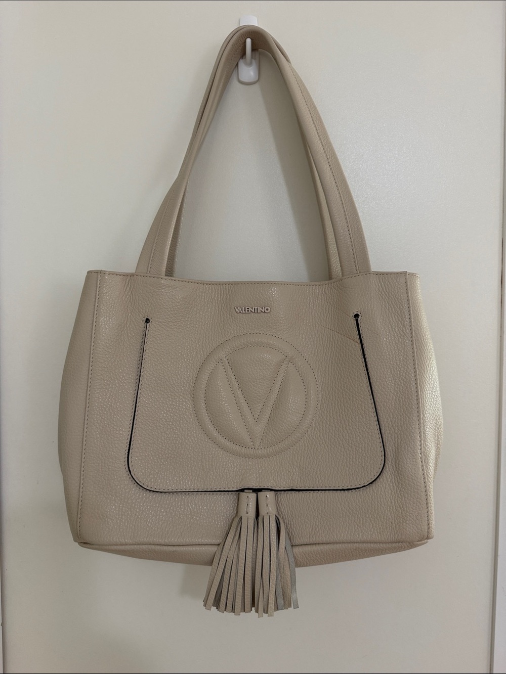 Valentino Cream Pebbled Leather Tote with Embossed V & Tassel Authentic